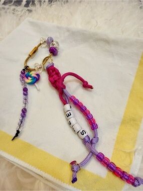 Kids Pink & Purple Beaded Name Charm Keychain bag charm